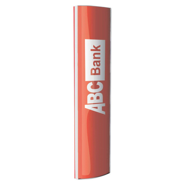 Triangular Tower Sign Frame (210 x 1800 mm) SF3010, a Red and White Vertical Sign with Abc Bank Logo and Text on a Curved Frame.