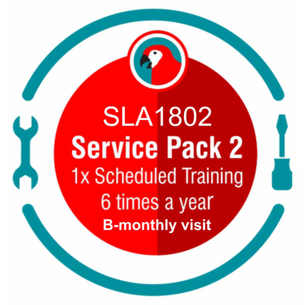 67 Brand 6 Month Interactive Training SLA Service Pack 2, Featuring Scheduled Interactive Learning Sessions 6 Times a Year, with Bi-Monthly Visits, in a Red and Teal Circular Graphic with a Wrench and Screwdriver Icon.
