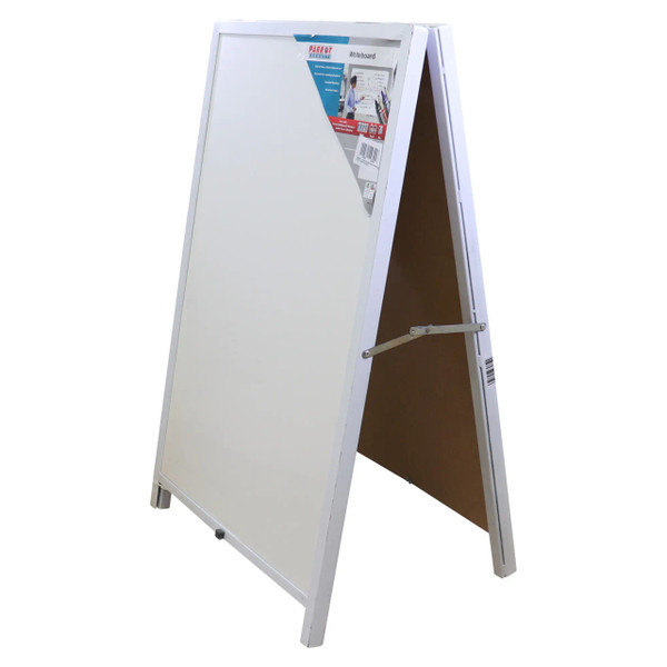 A-Frame Outdoor Whiteboard with Aluminium Frame, 900 x 600 mm, Standing at 850 mm When Open, Featuring a Non-Magnetic Whiteboard Surface and Supplied with a Black Marker, Ideal for Weather-Resistant Use.