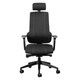 Ortho-Max High-back Chair, ergonomic office chair with black fabric upholstery, adjustable headrest, armrests, and five-wheel base for mobility.