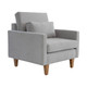 Milan Sofa Chair FUC-SC-MS, light gray fabric upholstered modern armchair with wooden tapered legs and cushioned backrest and seat.