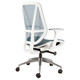 Crystal Medium-back Office Chair, Modern Ergonomic Office Chair with a White Mesh Backrest, Cushioned Seat, Adjustable Armrests, and a Chrome Base with Caster Wheels.