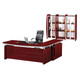 MetroForm Executive Office Desk FOF-EOD-B023, a large U-shaped office desk with a rich mahogany finish and metallic accents, accompanied by a black leather ergonomic swivel chair and a wall-mounted wooden bookshelf with glass doors.