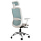 Tide Mesh High-back Office Chair Sac-HCH-Tid-Wh, Ergonomic Office Chair with a Light Blue Mesh Backrest, Adjustable Headrest, Cushioned Seat, and Armrests, Mounted on a Metallic Five-Wheel Base.