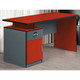 Modern Two Tone Color Desk with Built In Desk Height Pedestal, featuring a sleek design with a red and gray color scheme, spacious work surface, and integrated storage cabinet.