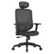 Black Pluto Mesh High-back Office Chair by 67, Featuring a Breathable Seat and Backrest, Adjustable Headrest, and Ergonomic Design with Armrests, on a Sleek Five-Star Base with Castors, Promoting Comfort and Modern Style.