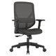 Black ergonomic chair, Pluto Mesh Medium-Back Office Chair by 67, featuring a sleek mesh design, adjustable armrests, and five-star base with wheels, providing comfort and support for long work hours.