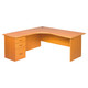 Pulse Office Cluster Desk with Three Drawer Desk High Pedestal Extended Panel, wooden office desk with a curved extension, three drawers on the left side, and an extended panel for additional workspace.