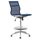 Netted Draughtsman Chair, ergonomic blue mesh office chair with adjustable height, chrome base, and rolling casters.