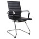 Classic Eames Leather Visitor Office Chair, black leather cushioned seat and backrest with polished metal frame and armrests.