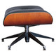 Eames Lounger High-back Office Chair with Footrest, modern office chair with black leather upholstery, wooden side panels, and adjustable footrest, supported by a sturdy black metal base with caster wheels. Eames Lounger High-back Office Chair with Footrest, modern office chair with black leather upholstery, wooden side panels, and adjustable footrest, supported by a sturdy black metal base with caster wheels.