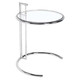 Round Coffee Table, modern chrome finish with glass top and curved base.