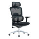 Black Mesh High-back Office Chair with Chrome Frame, Adjustable Headrest and Armrests, on Five-Star Silver Base with Wheels, Showcasing Ergonomic Design and Sleek Aesthetic, Ideal as a Chrome Frame Office Chair.