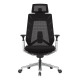 Black Mesh High-back Office Chair with Chrome Frame, Featuring Adjustable Headrest and Armrests, on a Five-Legged Base with Wheels, Showcasing Ergonomic Design and Sturdy Build, Ideal for Comfort and Support in Office Settings.