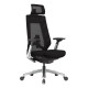 Black Ergonomic Office Chair with Chrome Frame and High Backrest, Featuring Mesh Material and Adjustable Headrest, on a Five-Star Silver Base with Black Casters, Providing Comfort and Support for Long Working Hours.