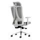 The Grey Mesh with White Frame High-back Office Chair Features a Grey Mesh Back with Headrest, White Frame and Arms, Padded Seat, and Chrome Base with Nylon Castors.