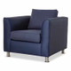 Barberton Sofa Chair, modern blue upholstered armchair with a matching cushion and metal legs.