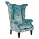 Berlin Wingback Chair, vibrant blue fabric with a bold animal and floral print, high backrest with winged sides, cushioned seat, and wooden legs.