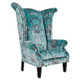 Berlin Wingback Chair, Teal Floral Patterned Upholstery, High-back and Winged Sides, Black Legs, Ergonomic Design, Stylish and Comfortable Seating Option, Showcasing Elegant Aesthetic and Plush Cushioning, Ideal for Home Decor and Hospitality Venues.