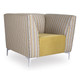 Durban Sofa Chair, stylish and colorful upholstered armchair with striped fabric and a yellow seat cushion, modern metal legs.