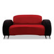 Komodo Sofa Double Seater, modern red and black fabric sofa with curved armrests and metal legs.