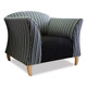 Nevis Sofa Chair, a modern armchair with a striped fabric pattern in shades of black, gray, and white, featuring wooden legs and a black cushioned seat for stylish comfort.