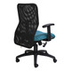 Black Mesh Office Chair with Teal Seat, 67 Brand, Medium-back, Durable Office Seating, Featuring Breathable Mesh Back and Supportive Seat, on Five-Star Black Base with Wheels.