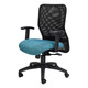Black Ergonomic Chair with Teal Seat, Featuring Mesh Back and Armrests, on Five Black Wheels, Providing Comfort and Support for Long Hours of Use, Designed for Home Offices and Corporate Environments.