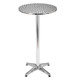 Diablo Bar Table, modern round metal tabletop with a sleek chrome finish on a sturdy single pedestal base with four feet.