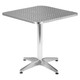 Sangria Dining Table, industrial-style square metal table with textured surface and a single central support with a four-point base.