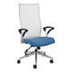 Exodus High-back Office Chair COF-HCH-EC6, ergonomic office chair with a white mesh backrest, blue cushioned seat, black adjustable armrests, and a chrome base with caster wheels for mobility.