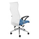 Exodus High-back Office Chair COF-HCH-EC6, ergonomic office chair with white mesh high back, blue cushioned seat, black armrests, and adjustable height, on a chrome base with caster wheels.