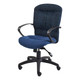 Fiona Medium-back Office Chair COF-MCH-FC5, ergonomic office chair with a dark patterned backrest and a cushioned blue seat, adjustable height, and black armrests and base with caster wheels. Fiona Medium-back Office Chair COF-MCH-FC5, ergonomic office chair with a dark patterned backrest and a cushioned blue seat, adjustable height, and black armrests and base with caster wheels.
