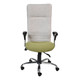 Nikki High-back Chair, ergonomic office chair with beige fabric backrest and green cushioned seat, adjustable armrests, and chrome base with caster wheels.