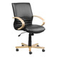Holly Wooden Medium-back Office Chair COF-MCH-HWC5B, black leather seat with wooden armrests and base, ergonomic design, swivel with casters for mobility.