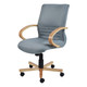 Holly Wooden Medium-back Office Chair COF-MCH-HWC5B, modern ergonomic office chair with a grey fabric seat and backrest, natural wooden armrests, and a sturdy wooden base with caster wheels for mobility.