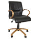 Salvador Wooden Medium-back Office Chair, black leather seat with wooden armrests and base, adjustable height with casters for mobility.