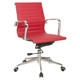 Classic Eames Ribbed Medium-back Chair, red office chair with ribbed upholstery and chrome armrests and base.