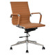 Classic Eames Ribbed Medium-back Chair, Stylish Office Chair with Tan Leather Upholstery, Chrome Armrests, and a Swivel Base with Wheels.