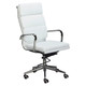 Classic Eames Cushion High-back Chair, White Leather Office Chair with Metal Armrests and Base, Adjustable Height, and Casters for Mobility.