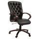 Adda High-back Wooden Office Chair, a black leather ergonomic office chair with a high backrest featuring tufted design and wooden armrests, on a wheeled base for mobility.