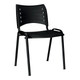 Stacker 500 Plastic Chair, black plastic chair with a slatted backrest and seat, metal frame, and armrests.