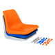 Stadium Seat, Stackable Orange, Blue, and Grey Plastic Seats with Mounting Hardware.