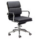 Classic Eames Cushion Medium-back Office Chair, Black Leather Upholstery with Chrome Armrests and Base, Adjustable Height and Rolling Casters for Office Use.