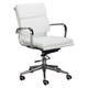 Classic Eames Cushion Medium-back Chair, white leather office chair with chrome armrests and base, adjustable height, and five casters for mobility.
