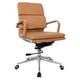 Classic Eames Cushion Medium-back Office Chair, Tan Leather Office Chair with Metal Armrests and Base, Adjustable Height, and Caster Wheels.