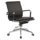 Classic Eames Flat Cushion Medium-back Chair, black leather office chair with chrome armrests and base, adjustable height, and swivel casters.