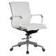 Classic Eames Flat Cushion Medium-back Chair, modern white office chair with cushioned seat and backrest, chrome armrests and base with caster wheels.