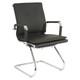 Classic Eames Flat Cushion Visitor Office Chair, Black Leather Upholstered Seat and Backrest with Chrome Frame and Armrests, Contemporary Design for Office or Reception Area.