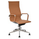 Classic Eames Ribbed High-back Chair, a Beige High-back Office Chair with Ribbed Upholstery, Chrome Armrests, and a Swivel Base with Caster Wheels.